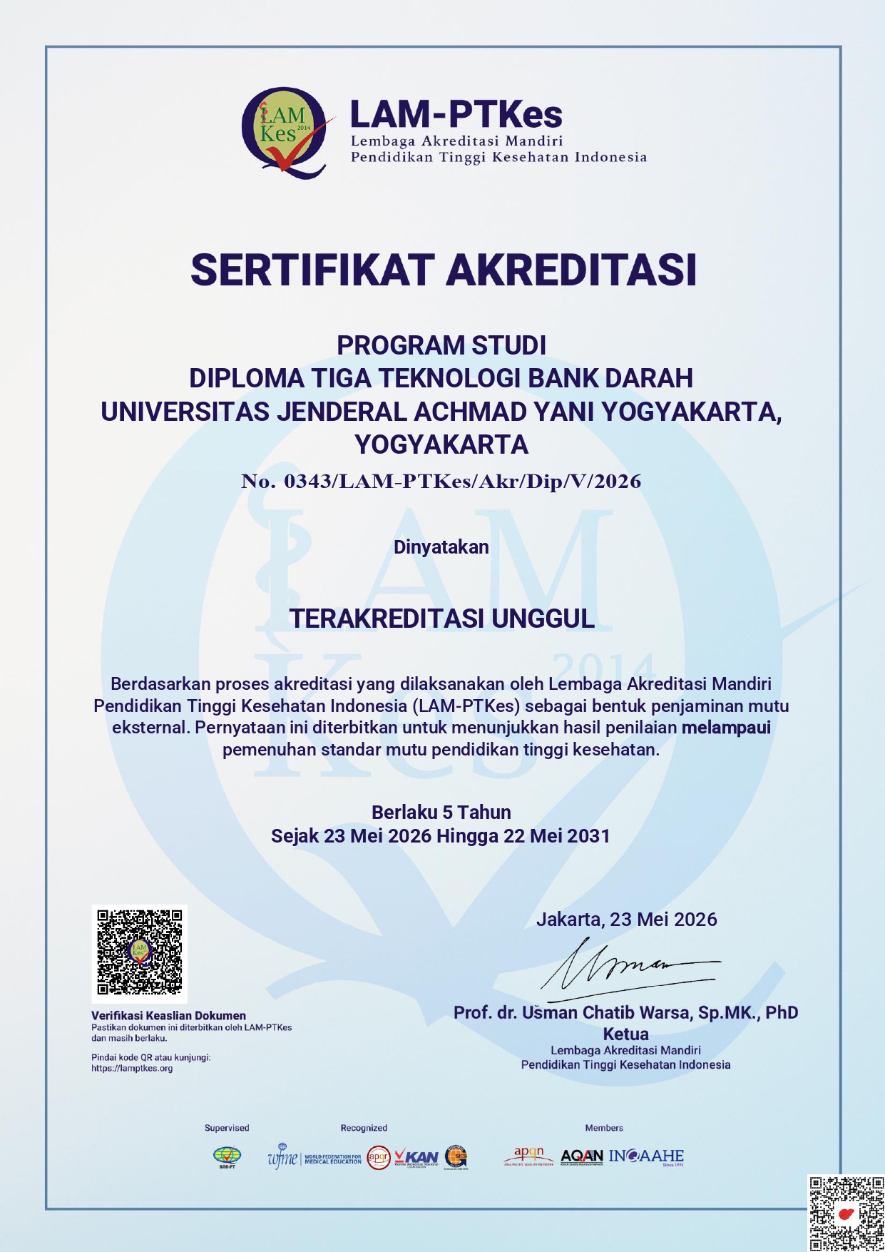 Sertifikat Akreditasi Teknologi Bank Darah